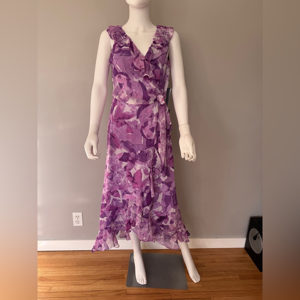 London Times Purple Floral Ruffle Wrap Maxi Dress NWT size 8